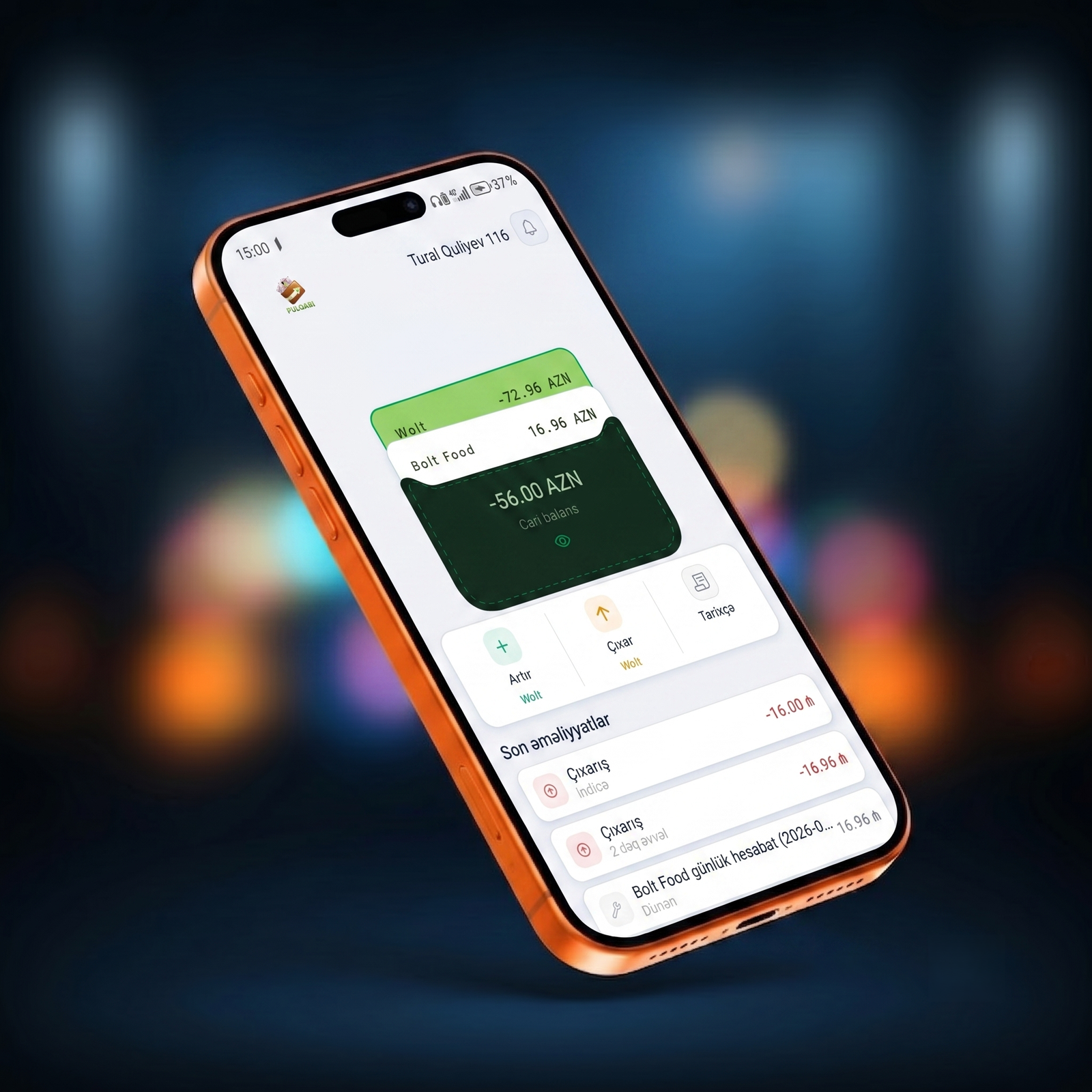 A clean, high-tech smartphone interface displaying a modern financial mobile application.